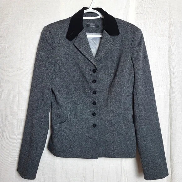 Suzy Shier Women's US4 Blazer Gray Black Velvet Panel Button Front Tailored Fit - Picture 1 of 16
